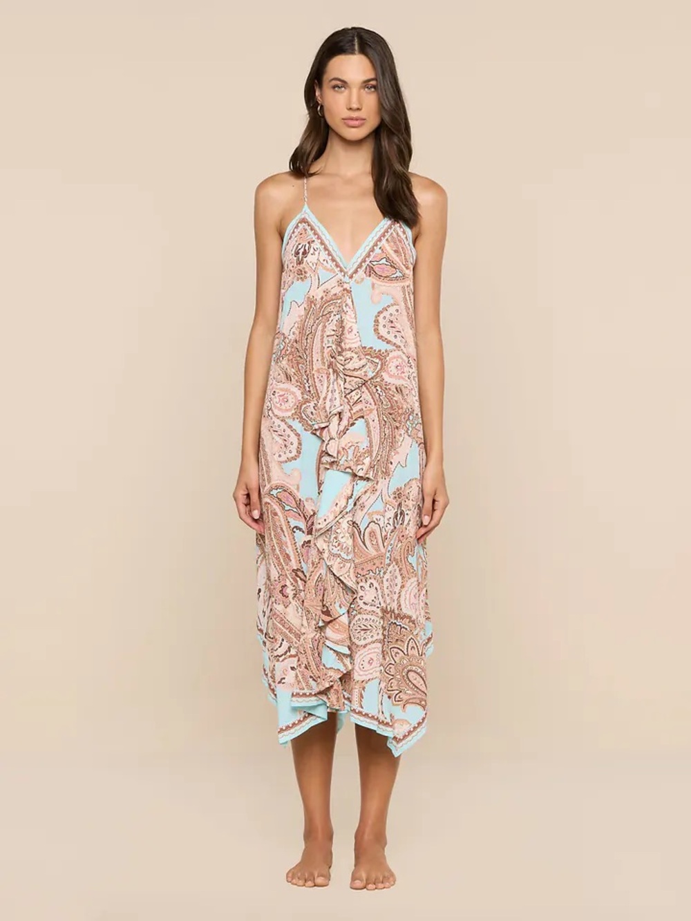 L'AGENCE Paisley Midi Slip Dress in Light Blue and Pink